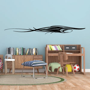 Vehicle pinstripe vinyl decal, black swoosh with circular emblem and racing stripes