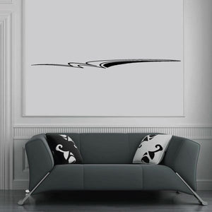 Vehicle pinstripe vinyl decal with black swoosh and flame tips