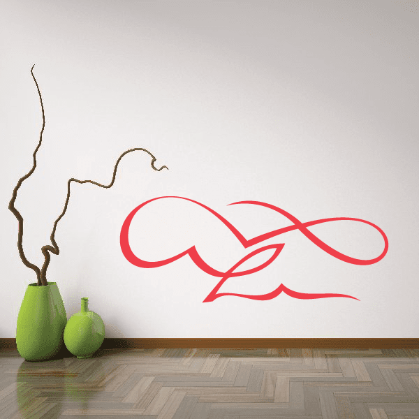 Car pinstripe vinyl decal, red curved script swooshes and flame-like accents