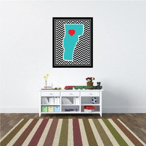 Square Vermont chevron sticker with teal outline and red heart in center