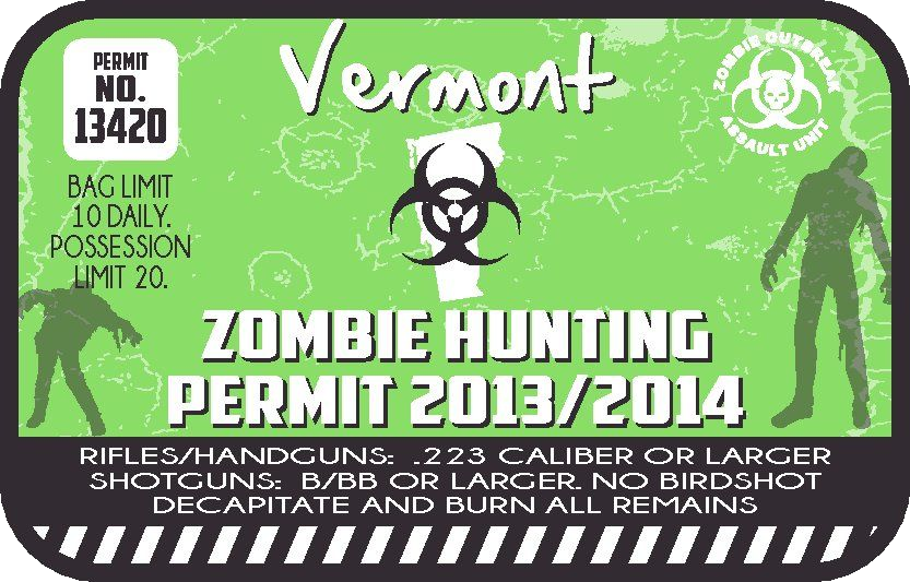 Vermont Zombie Hunting Permit Sticker, isolated printed sticker artwork