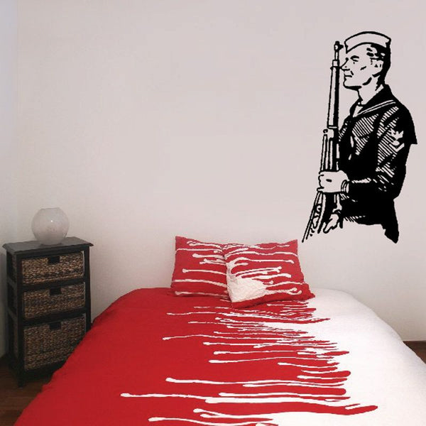 Veteran rifle wall decal, black silhouette of soldier holding rifle.