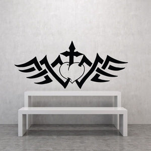 Stylized vine cross wall decal, black with wings and heart center