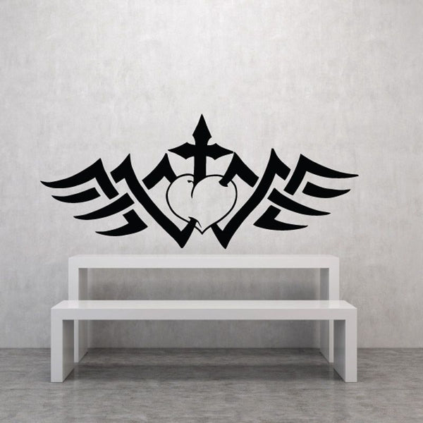 Stylized vine cross wall decal, black with wings and heart center