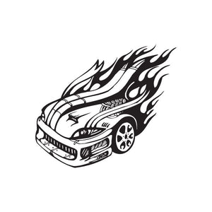 Flames and car front graphic decal, black and white