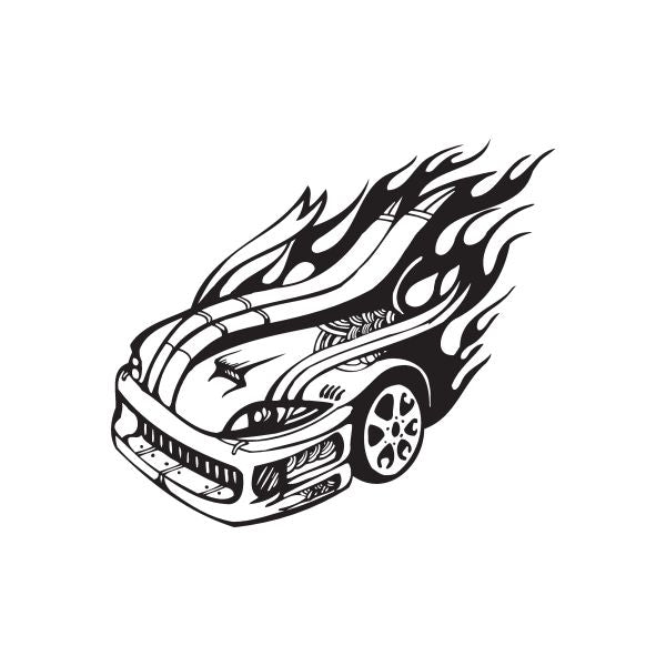 Flames and car front graphic decal, black and white
