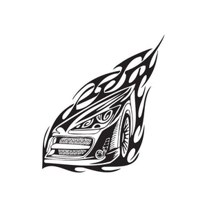 Front fender flames decal with stylized black and white graphic