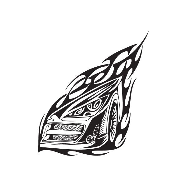 Front fender flames decal with stylized black and white graphic