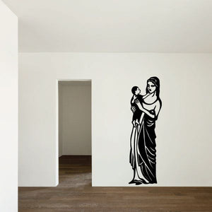 Religious wall decal of Virgin Mary holding baby Jesus, black silhouette figure