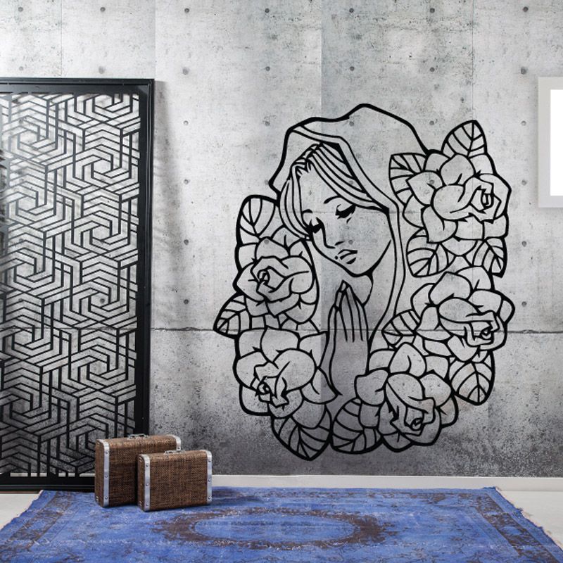 Virgin Mary rose wall decal, black line art with detailed roses