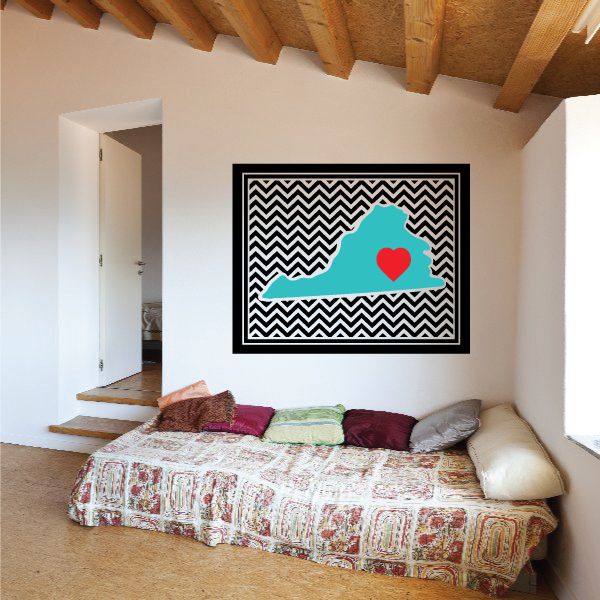 Virginia chevron sticker with turquoise map, red heart, black border and zigzag pattern