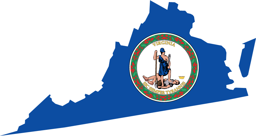 Virginia state flag sticker with circular seal centered on blue Virginia map outline