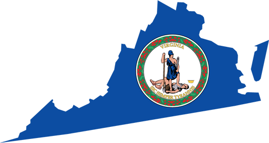 Virginia state flag sticker with circular seal centered on blue Virginia map outline
