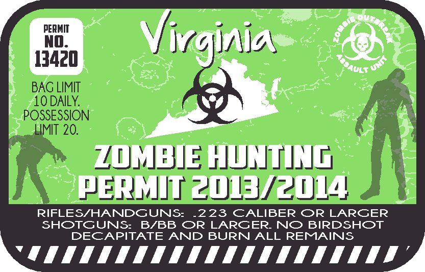 Green zombie hunting permit sticker with Virginia text, permit No. 13420, biohazard icon