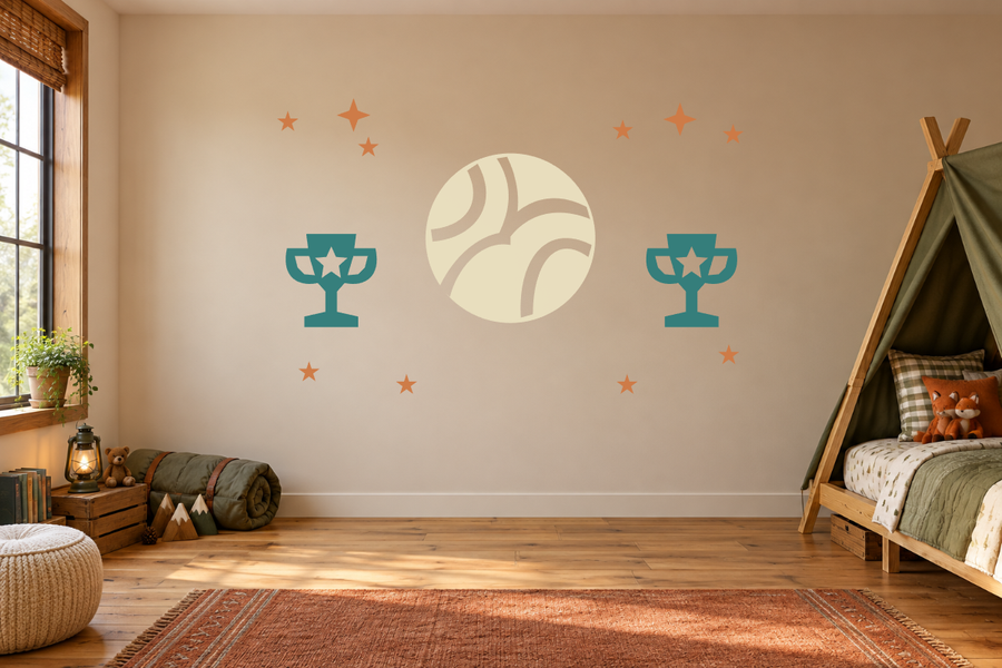 Volleyball and trophy wall decal kit with circular volleyball and star accents