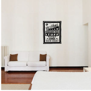Volleyball word collage decal with black border and white interior lettering