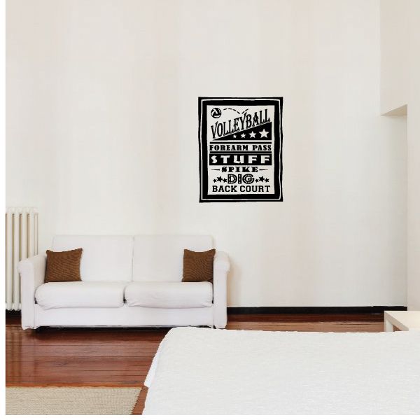 Volleyball word collage decal with black border and white interior lettering