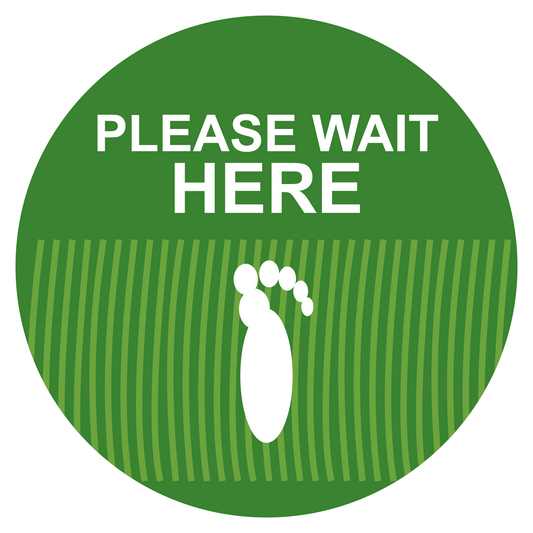 Please wait here non-slip flooring sticker, circular green design with white text and footprint