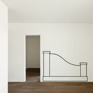 Black outline wall decal of three pedestal blocks with a curved line