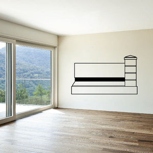 Vinyl wall decal with outlined business sign shape and stacked shelves