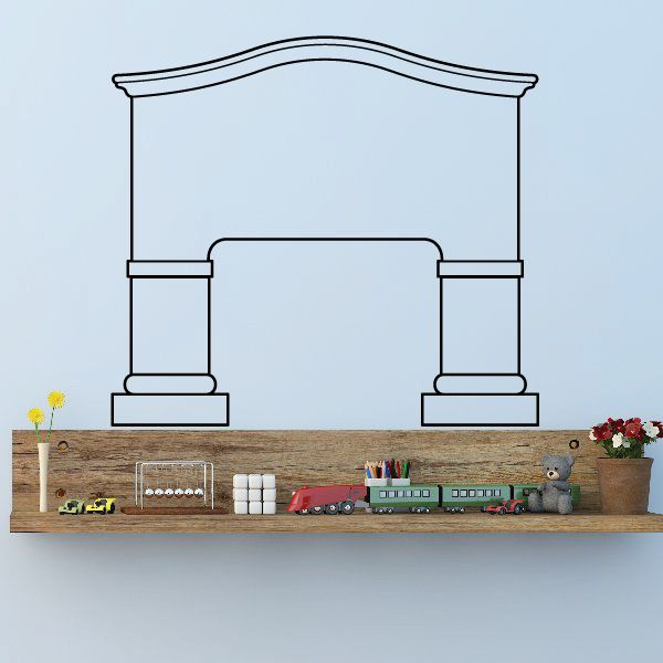 Vinyl wall decal of storefront facade with columns and arched door, outline style