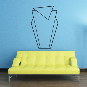 Geometric trash can wall decal, black outline on light blue wall