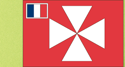 Wallis flag sticker with red background, blue-and-white stripes, and white hourglass emblem