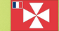 Wallis flag sticker with red background, blue-and-white stripes, and white hourglass emblem