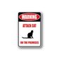 Warning sign wall decal with red 'WARNING' and 'ATTACK CAT ON THE PREMISES' and black cat silhouette