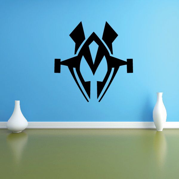 Warrior mask vinyl wall decal, black geometric face design with crossed shapes