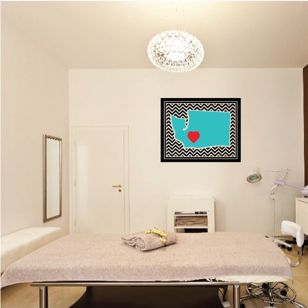 Chevron wall sticker with teal state shape and red heart inside black border