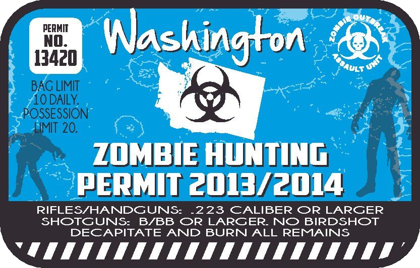 Washington Zombie Hunting Permit Sticker, isolated printed sticker artwork