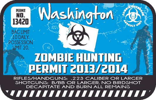 Blue zombie hunting permit sticker with 'Washington', permit No.13420, biohazard symbol