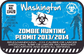 Blue zombie hunting permit sticker with 'Washington', permit No.13420, biohazard symbol