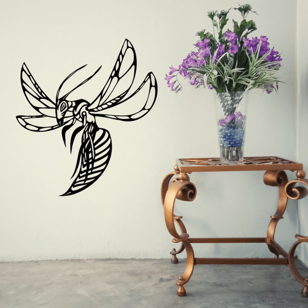 Wasp wall decal, black vinyl outline of a flying wasp with detailed wings.