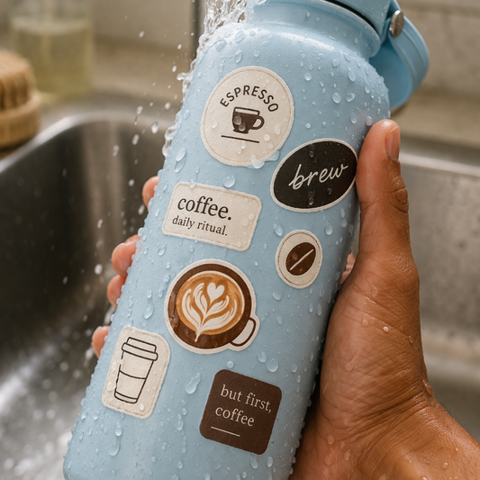 Coffee-themed waterproof sticker set on a blue tumbler, round and rectangle decals