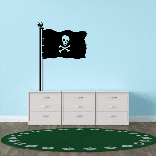 Pirate flag decal with black waving banner, skull and crossbones on a pole
