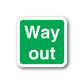 Way Out sticker, green square with white border and Way Out text