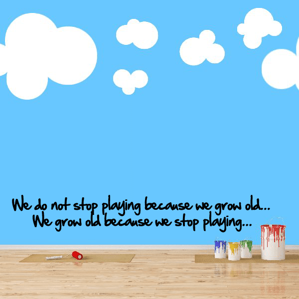 Wall decal with quote in black script and white cloud graphics
