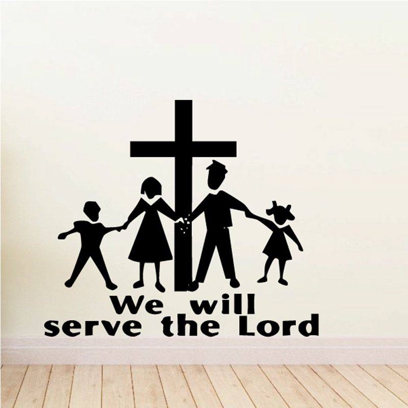 Religious wall decal: black cross, family silhouettes, and 'We will serve the Lord' text
