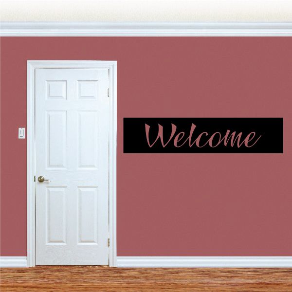 Welcome rectangle wall decal with black background and script "Welcome"