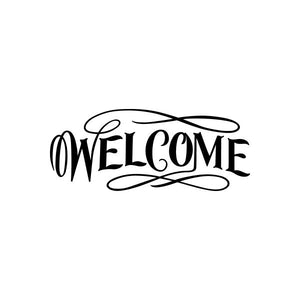 Welcome vinyl decal sticker, black cursive “WELCOME” with swirly outline