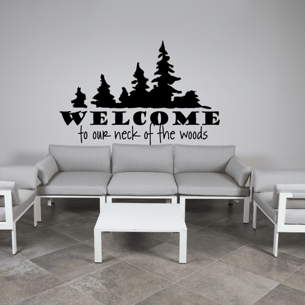 Wall decal: black tree silhouette with 'WELCOME' and 'to our neck of the woods' text