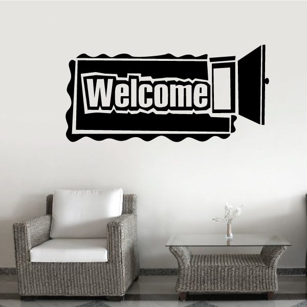 Welcome vinyl wall decal with megaphone and bold white 'Welcome' letters