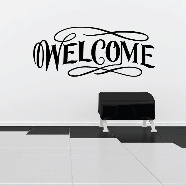 Welcome vinyl wall decal with stylized WELCOME lettering, black