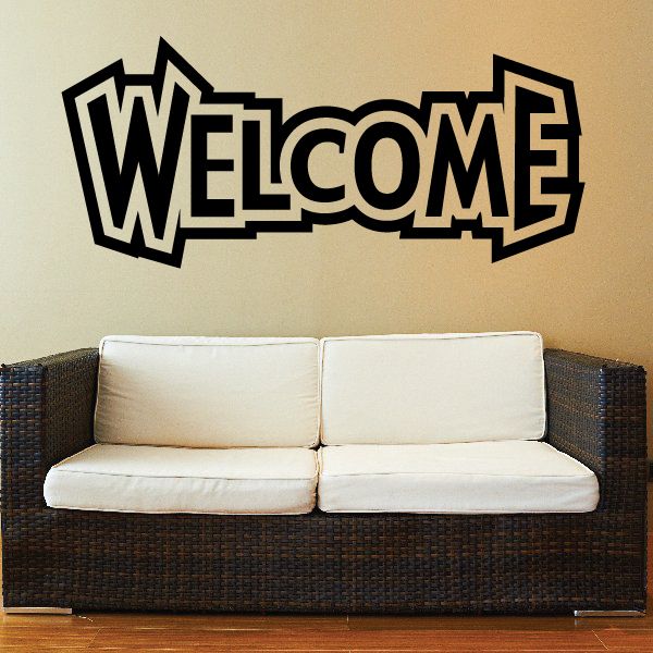 Welcome wall vinyl decal with bold outlined lettering in black and white
