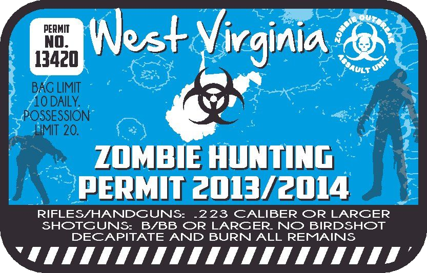 Zombie hunting permit sticker, blue West Virginia design with biohazard icon and 2013/2014 text