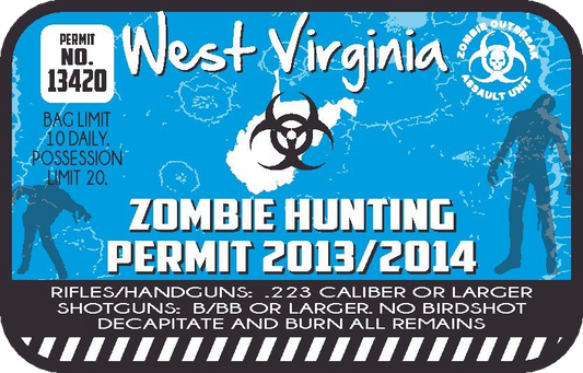 Zombie hunting permit sticker, blue West Virginia design with biohazard icon and 2013/2014 text