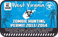Zombie hunting permit sticker, blue West Virginia design with biohazard icon and 2013/2014 text