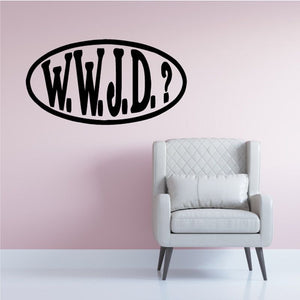 Oval WWJD decal with black lettering and question mark inside a bold oval outline